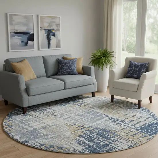 8' Navy Blue And Beige Geometric Washable Round Rug With UV Protection Photo 2