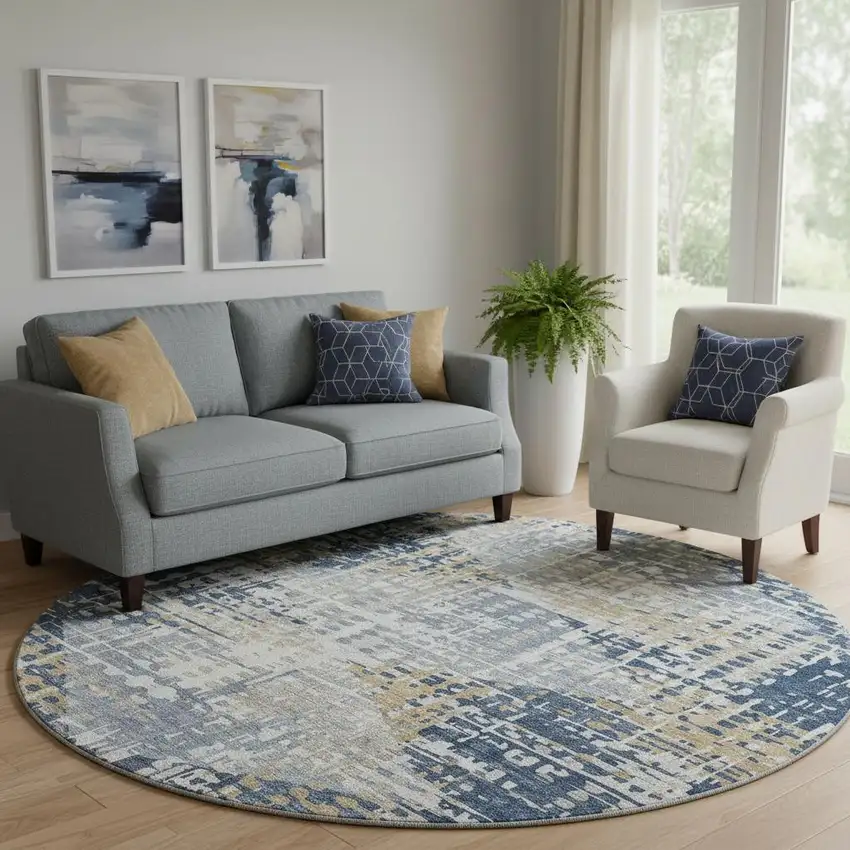 8' Navy Blue And Beige Geometric Washable Round Rug With UV Protection Photo 2