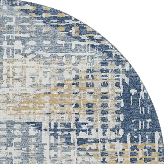 8' Navy Blue And Beige Geometric Washable Round Rug With UV Protection Photo 4