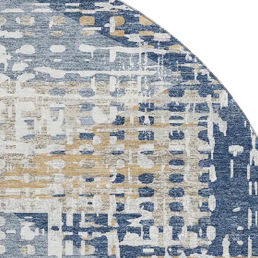 8' Navy Blue And Beige Geometric Washable Round Rug With UV Protection Photo 3