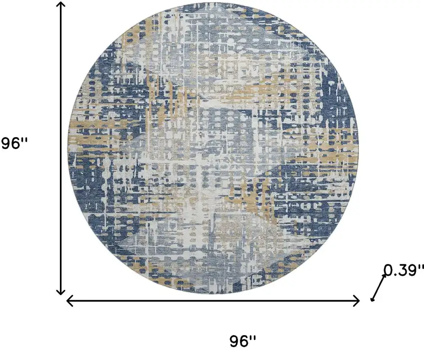 8' Navy Blue And Beige Geometric Washable Round Rug With UV Protection Photo 8