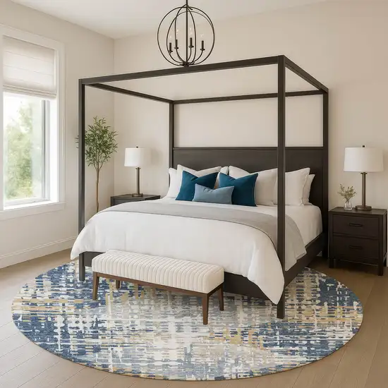 8' Navy Blue And Beige Geometric Washable Round Rug With UV Protection Photo 5