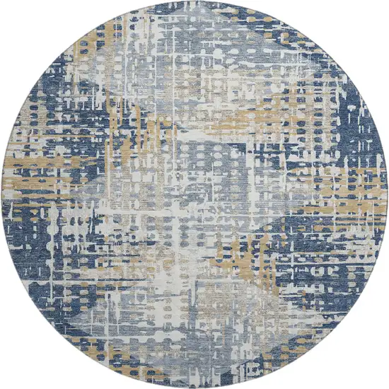 8' Navy Blue And Beige Geometric Washable Round Rug With UV Protection Photo 1