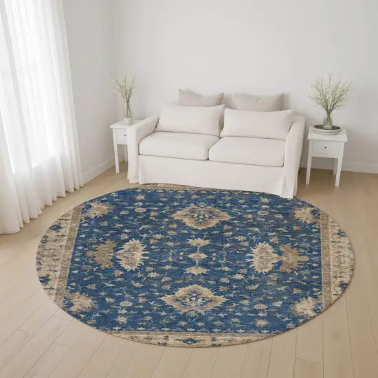 8' Navy Blue And Beige Oriental Washable Round Rug With UV Protection Photo 3