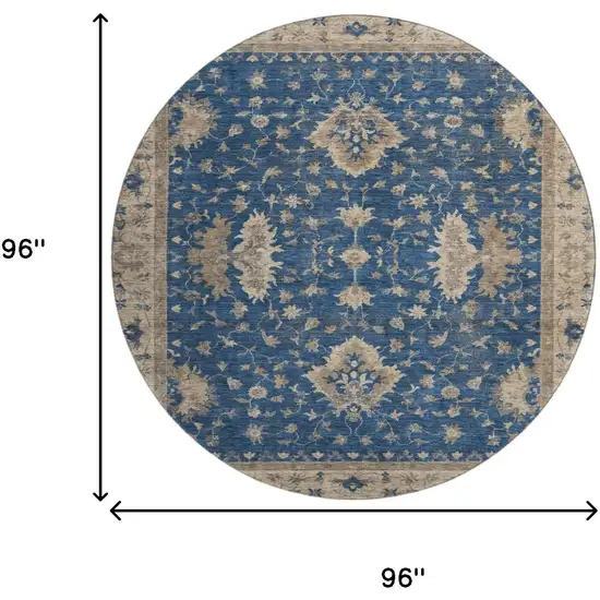8' Navy Blue And Beige Oriental Washable Round Rug With UV Protection Photo 8