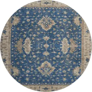 Photo of 8' Navy Blue And Beige Oriental Washable Round Rug With UV Protection