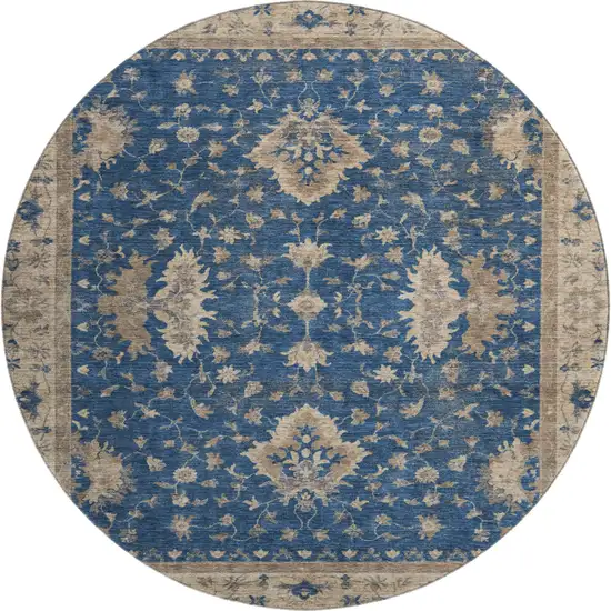 8' Navy Blue And Beige Oriental Washable Round Rug With UV Protection Photo 1