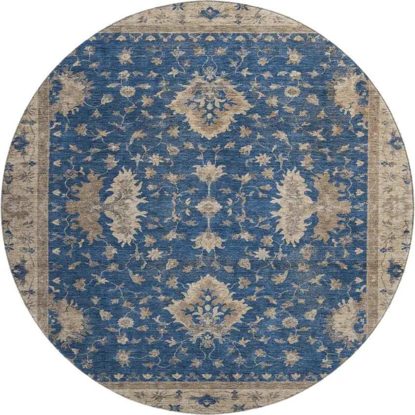 8' Navy Blue And Beige Oriental Washable Round Rug With UV Protection Photo 1