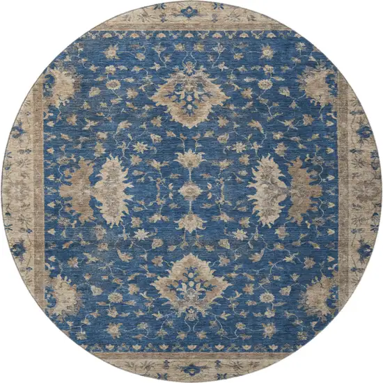 8' Navy Blue And Beige Oriental Washable Round Rug With UV Protection Photo 2