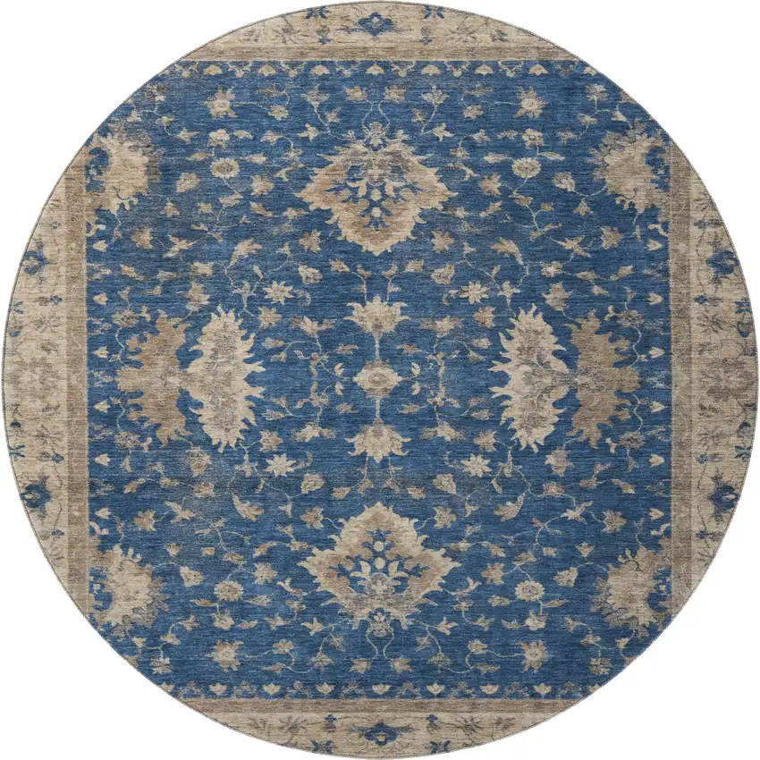 8' Navy Blue And Beige Oriental Washable Round Rug With UV Protection Photo 2