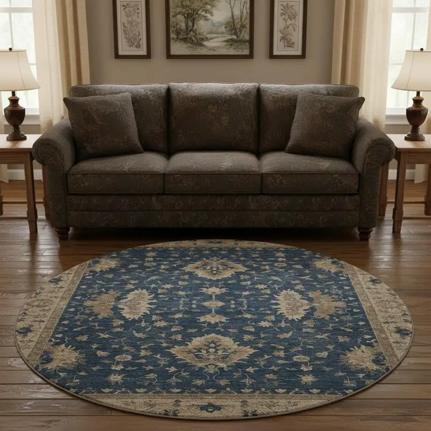 8' Navy Blue And Beige Oriental Washable Round Rug With UV Protection Photo 2