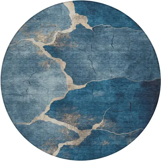 8' Navy Blue And Beige Round Abstract Washable Indoor Outdoor Area Rug Photo 1
