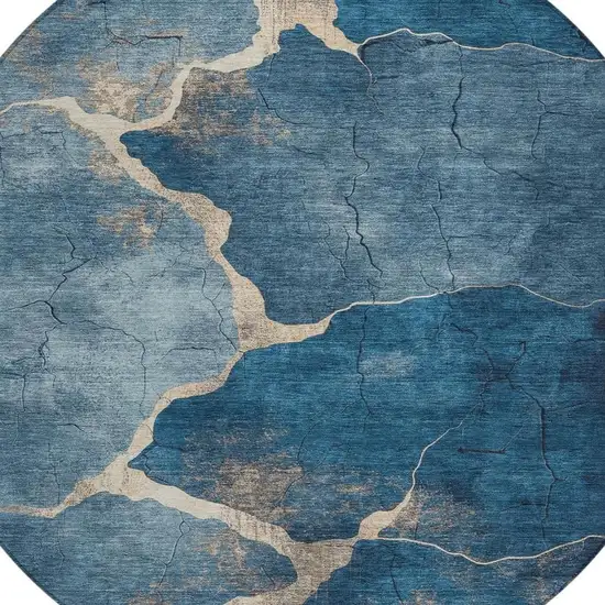 8' Navy Blue And Beige Round Abstract Washable Indoor Outdoor Area Rug Photo 4
