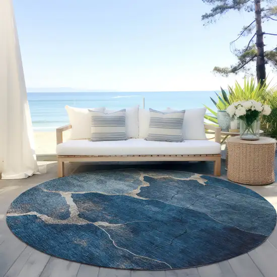 8' Navy Blue And Beige Round Abstract Washable Indoor Outdoor Area Rug Photo 5