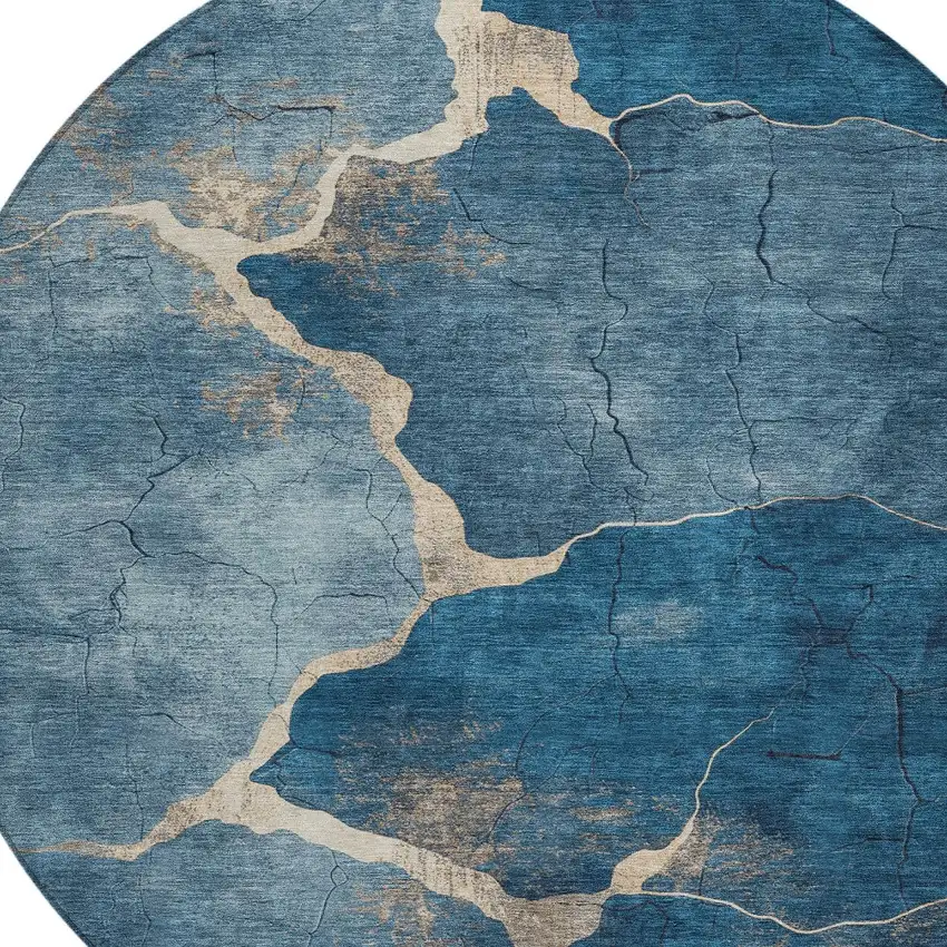 8' Navy Blue And Beige Round Abstract Washable Indoor Outdoor Area Rug Photo 8