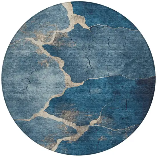 8' Navy Blue And Beige Round Abstract Washable Indoor Outdoor Area Rug Photo 3
