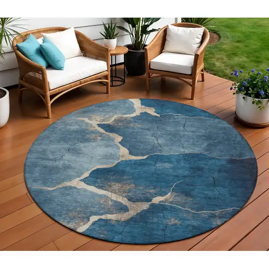 8' Navy Blue And Beige Round Abstract Washable Indoor Outdoor Area Rug Photo 2