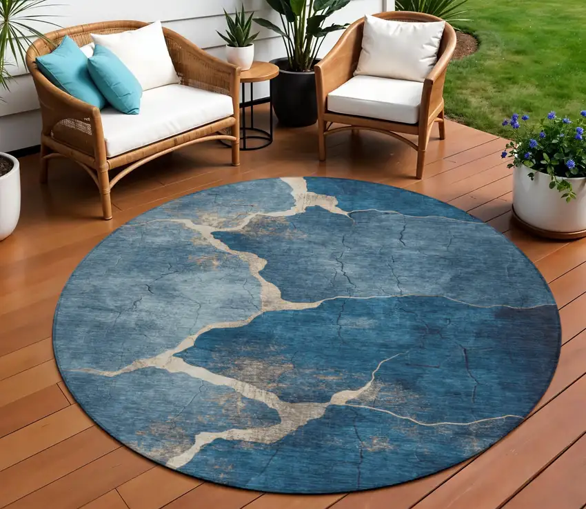 8' Navy Blue And Beige Round Abstract Washable Indoor Outdoor Area Rug Photo 2