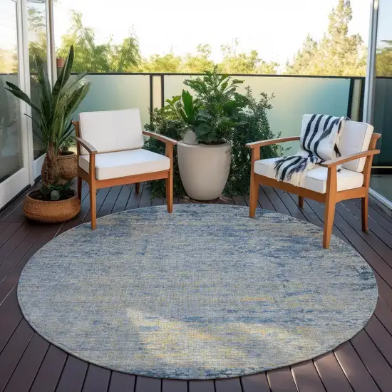 8' Navy Blue And Beige Round Abstract Washable Indoor Outdoor Area Rug Photo 5