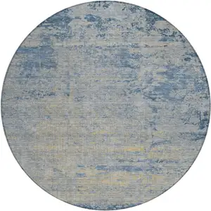 Photo of 8' Navy Blue And Beige Round Abstract Washable Indoor Outdoor Area Rug