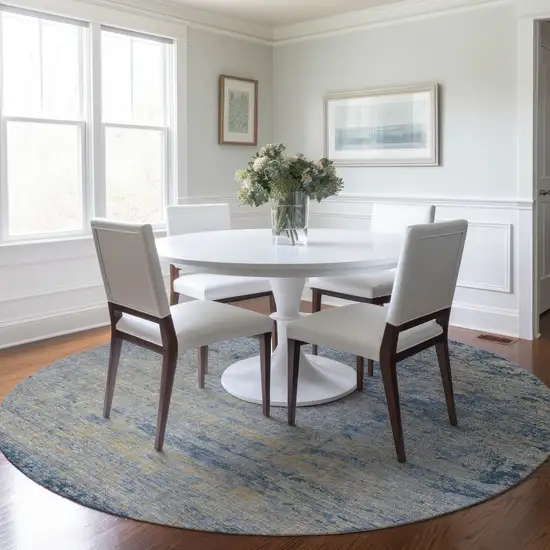 8' Navy Blue And Beige Round Abstract Washable Indoor Outdoor Area Rug Photo 6