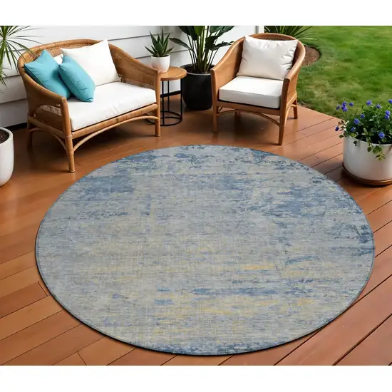 8' Navy Blue And Beige Round Abstract Washable Indoor Outdoor Area Rug Photo 2
