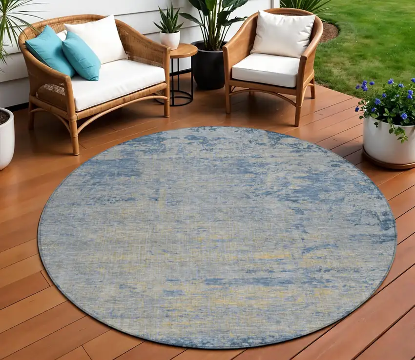 8' Navy Blue And Beige Round Abstract Washable Indoor Outdoor Area Rug Photo 2