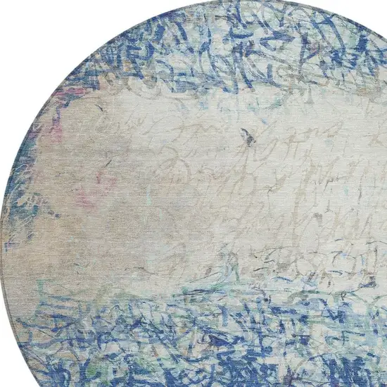 8' Navy Blue And Beige Round Abstract Washable Indoor Outdoor Area Rug Photo 2