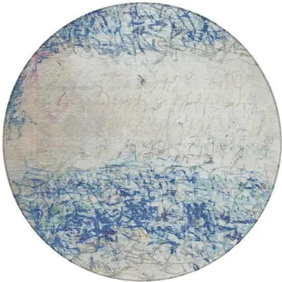 8' Navy Blue And Beige Round Abstract Washable Indoor Outdoor Area Rug Photo 3