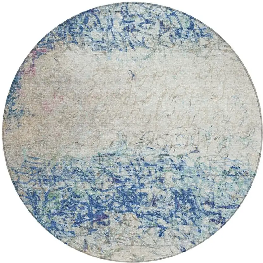 8' Navy Blue And Beige Round Abstract Washable Indoor Outdoor Area Rug Photo 3