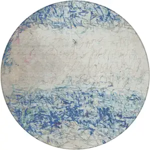 Photo of 8' Navy Blue And Beige Round Abstract Washable Indoor Outdoor Area Rug