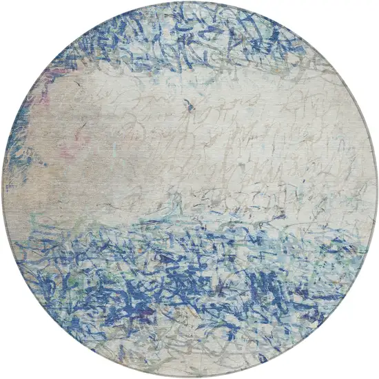8' Navy Blue And Beige Round Abstract Washable Indoor Outdoor Area Rug Photo 1