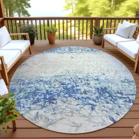 8' Navy Blue And Beige Round Abstract Washable Indoor Outdoor Area Rug Photo 4