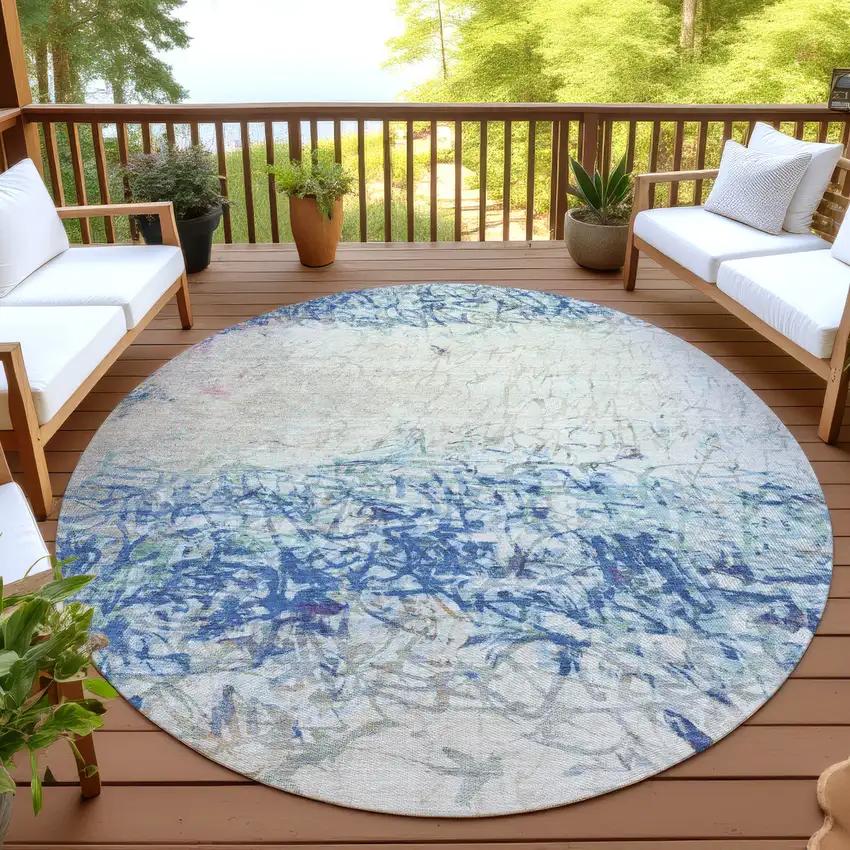 8' Navy Blue And Beige Round Abstract Washable Indoor Outdoor Area Rug Photo 4