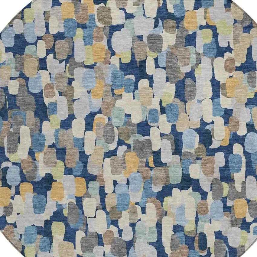 8' Navy Blue And Beige Round Abstract Washable Indoor Outdoor Area Rug Photo 2