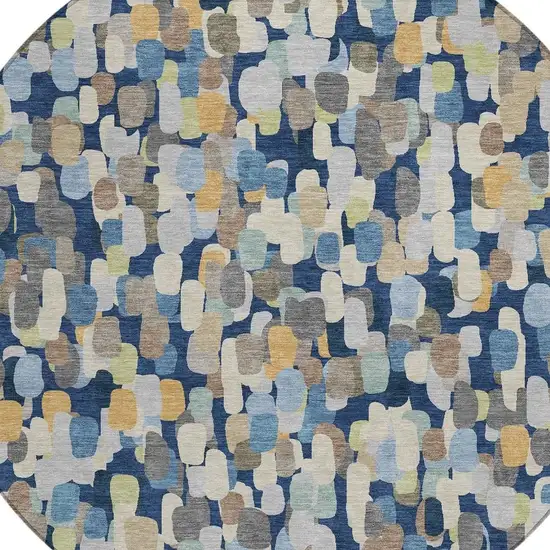 8' Navy Blue And Beige Round Abstract Washable Indoor Outdoor Area Rug Photo 2