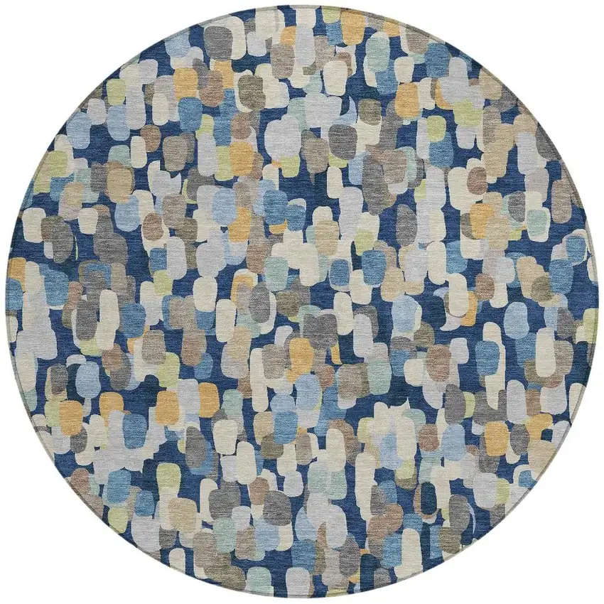 8' Navy Blue And Beige Round Abstract Washable Indoor Outdoor Area Rug Photo 3