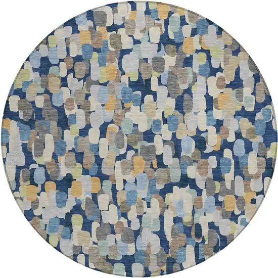 8' Navy Blue And Beige Round Abstract Washable Indoor Outdoor Area Rug Photo 1