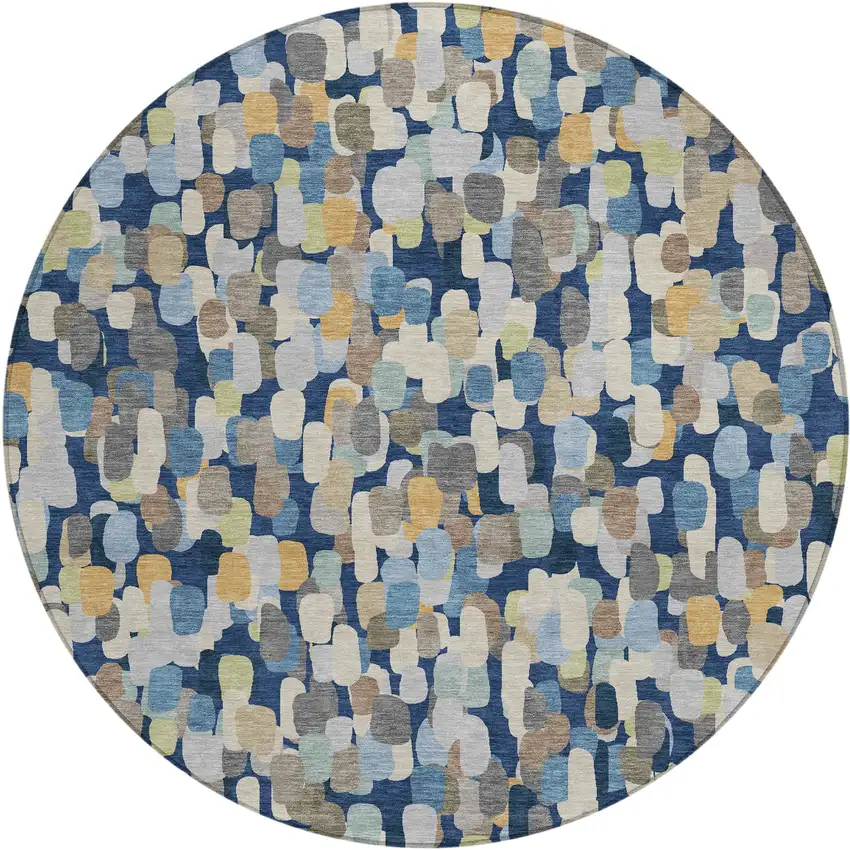 8' Navy Blue And Beige Round Abstract Washable Indoor Outdoor Area Rug Photo 1