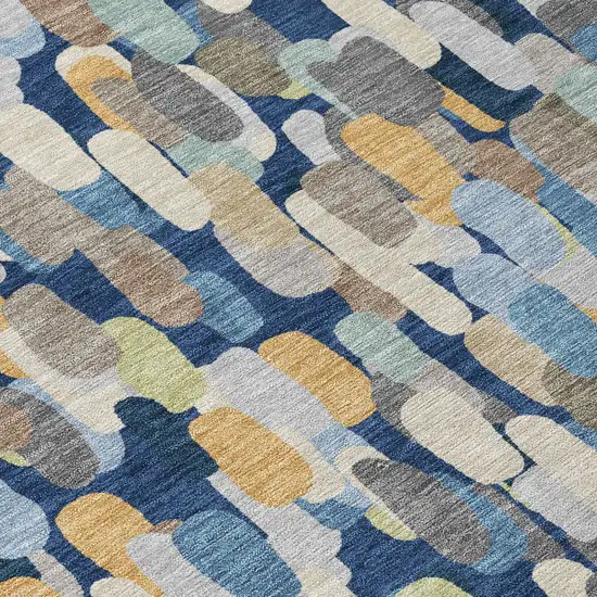 8' Navy Blue And Beige Round Abstract Washable Indoor Outdoor Area Rug Photo 7