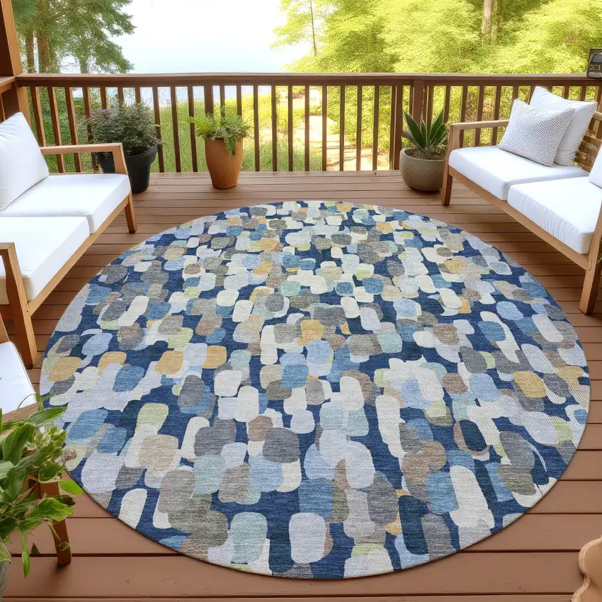 8' Navy Blue And Beige Round Abstract Washable Indoor Outdoor Area Rug Photo 4