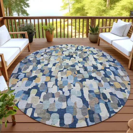 8' Navy Blue And Beige Round Abstract Washable Indoor Outdoor Area Rug Photo 4
