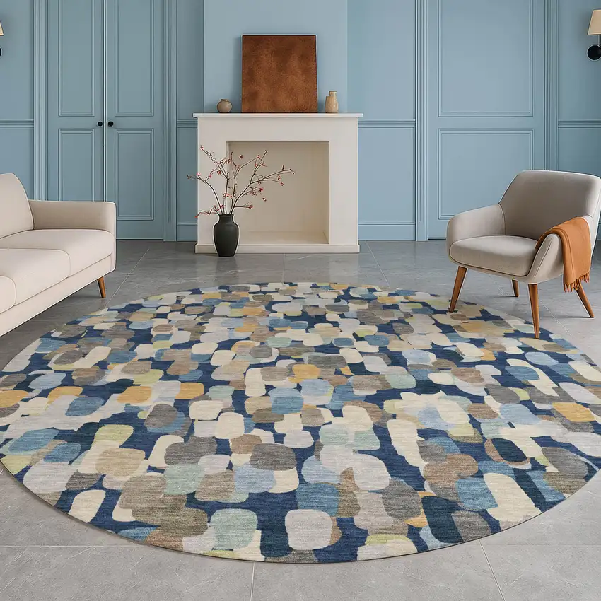 8' Navy Blue And Beige Round Abstract Washable Indoor Outdoor Area Rug Photo 5
