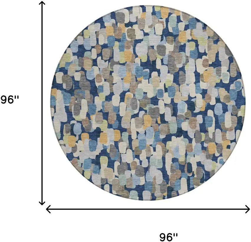 8' Navy Blue And Beige Round Abstract Washable Indoor Outdoor Area Rug Photo 8