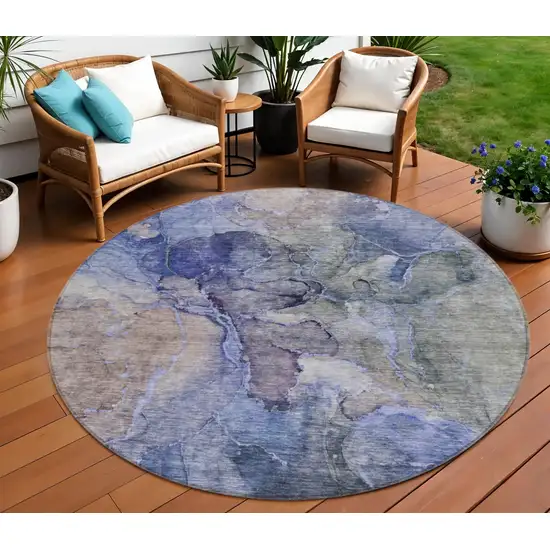 8' Navy Blue And Beige Round Abstract Washable Indoor Outdoor Area Rug Photo 1