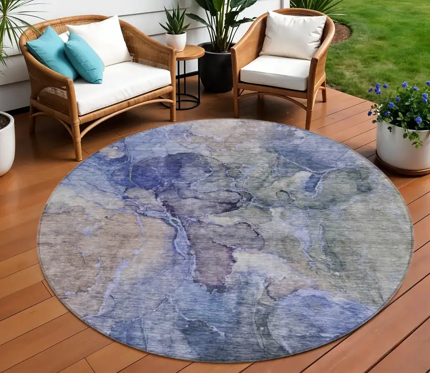 8' Navy Blue And Beige Round Abstract Washable Indoor Outdoor Area Rug Photo 1