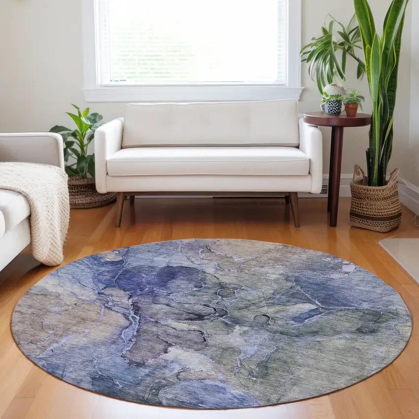 8' Navy Blue And Beige Round Abstract Washable Indoor Outdoor Area Rug Photo 7