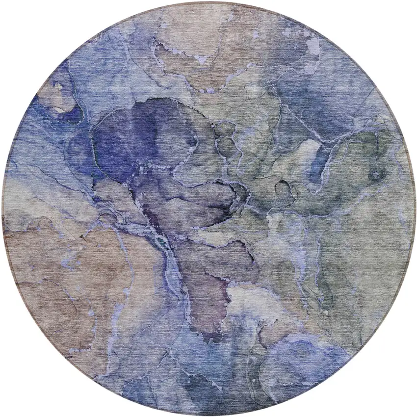 8' Navy Blue And Beige Round Abstract Washable Indoor Outdoor Area Rug Photo 2