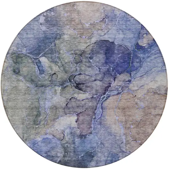 8' Navy Blue And Beige Round Abstract Washable Indoor Outdoor Area Rug Photo 5