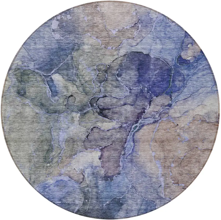 8' Navy Blue And Beige Round Abstract Washable Indoor Outdoor Area Rug Photo 5